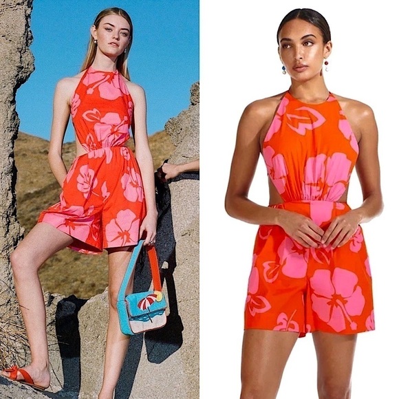 STAUD Tropical Floral Print Halter Tie Neck Sleeveless Open Back Cotton Romper 6 - Picture 1 of 11